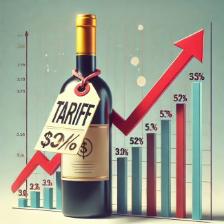 A conceptual illustration showing a wine bottle with a tag labeled “Tariff” tied around its neck. To the right of the bottle is a price chart with an upward-sloping red arrow, symbolizing increasing costs. The background is simple and light, emphasizing the wine bottle and the chart as the central elements, effectively representing the economic impact of tariffs on wine prices.