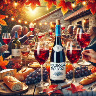 A festive celebration scene for Beaujolais Nouveau Day, featuring vibrant wine bottles labeled 'Beaujolais Nouveau', glasses filled with deep red wine