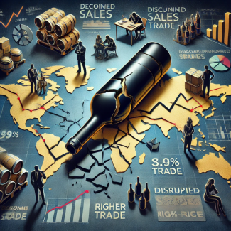 A conceptual illustration depicting the negative impacts of wine tariffs. The image shows a shattered wine bottle lying on a map of international trade