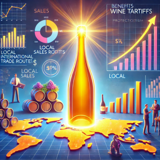 A conceptual illustration depicting the benefits of wine tariffs. The image shows a glowing wine bottle standing tall on a map of international trade 