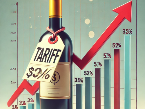 A conceptual illustration showing a wine bottle with a tag labeled “Tariff” tied around its neck. To the right of the bottle is a price chart with an upward-sloping red arrow, symbolizing increasing costs. The background is simple and light, emphasizing the wine bottle and the chart as the central elements, effectively representing the economic impact of tariffs on wine prices.