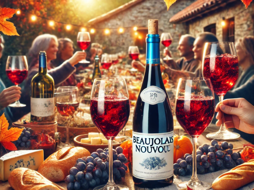 A festive celebration scene for Beaujolais Nouveau Day, featuring vibrant wine bottles labeled 'Beaujolais Nouveau', glasses filled with deep red wine